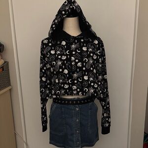 Killstar Black and White cat skull cropped Patterned Hoodie